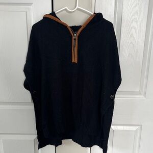 The Limited Black Poncho Quarter-Zip, with Brown Leather Accents and Hood